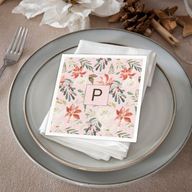 Watercolor Winter Flowers Holly Berry Monogrammed Napkin (Creator Uploaded)