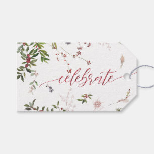 Watercolor Winter Foliage and Pink Berries Gift Tags