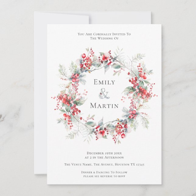 Watercolor Winter Foliage Berries Wreath Wedding Invitation (Front)