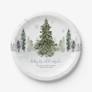 Watercolor Winter Forest Blue Baby Shower Paper Plate