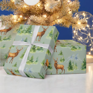Watercolor Winter Forest - Deer and Snowy Trees - Wrapping Paper