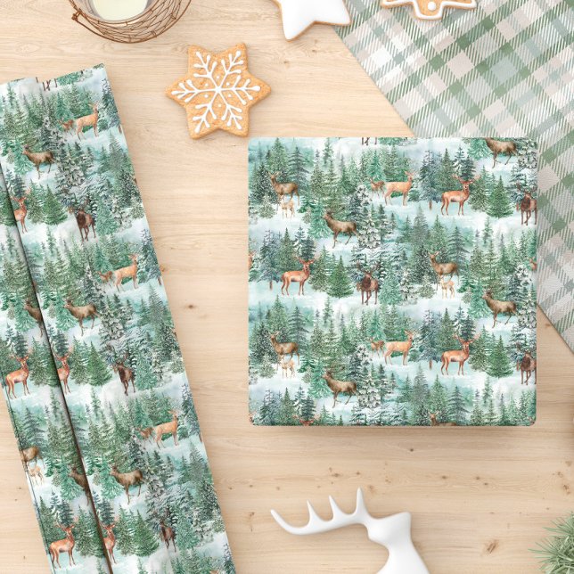 Watercolor Winter Forest Deer Christmas Wrapping Paper (Creator Uploaded)