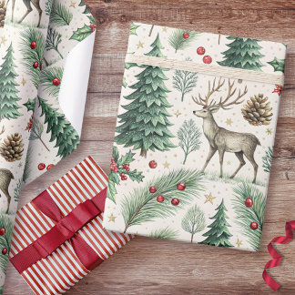 Watercolor Winter Forest Deer Christmas Wrapping Paper