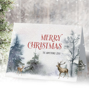 Watercolor Winter Forest Deer Holiday Card