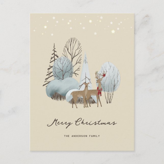 Watercolor Winter Forest Deer Merry Christmas  Holiday Postcard (Front)