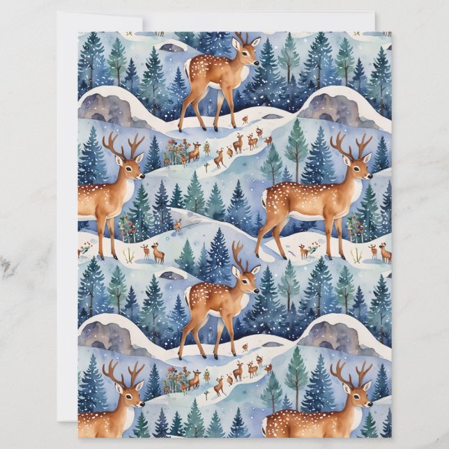 Watercolor Winter Forest & Deer Scrapbook Paper (Front)