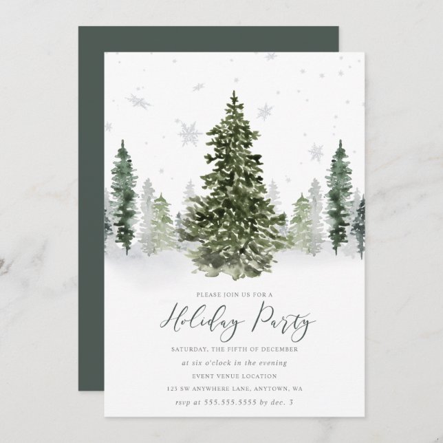 Watercolor Winter Forest Holiday Party Invitation (Front/Back)