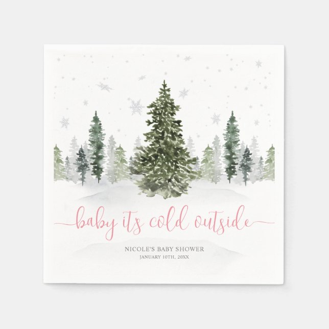 Watercolor Winter Forest Pink Baby Shower Napkin (Front)