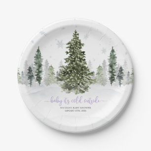 Watercolor Winter Forest Purple Baby Shower Paper Plate