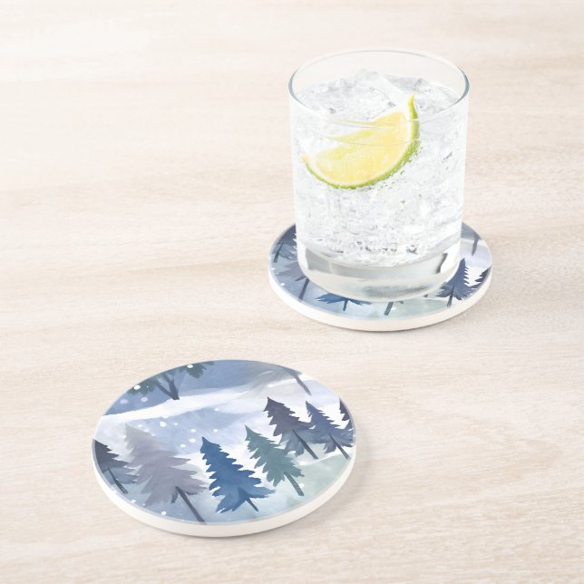 Watercolor Winter Forest Seamless Pattern Coaster (Side)