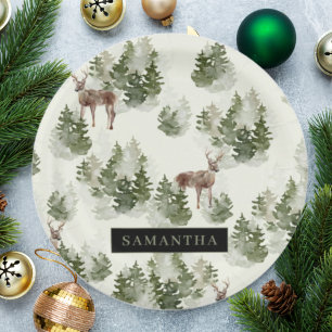 Watercolor Winter Forest Seamless Pattern Paper Plate