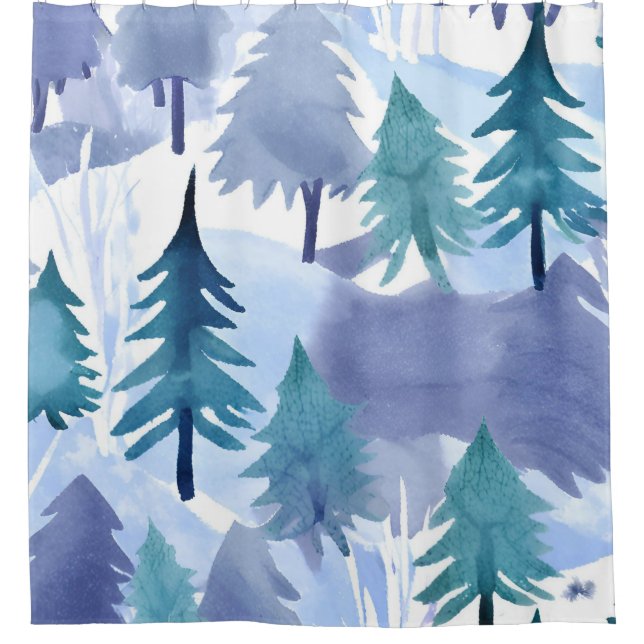 Watercolor Winter Forest Seamless Pattern Shower Curtain (Front)
