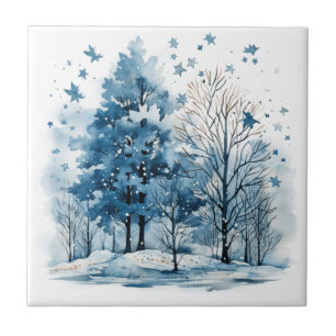 watercolor winter forest Tree Tile