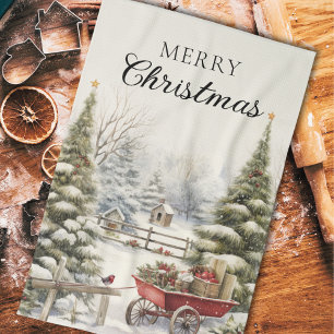 Watercolor Winter Forest Trees Merry Christmas  Tea Towel