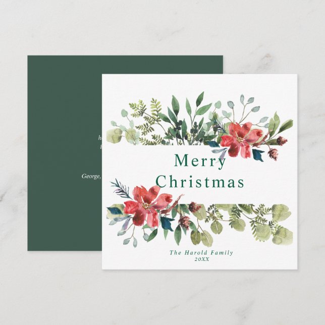 Watercolor Winter Green Leaves with Red Flowers Holiday Card (Front/Back)