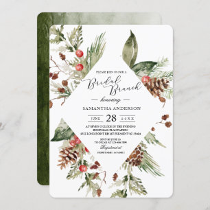 Watercolor Winter Green Pine Tree  & Pine Cone Invitation