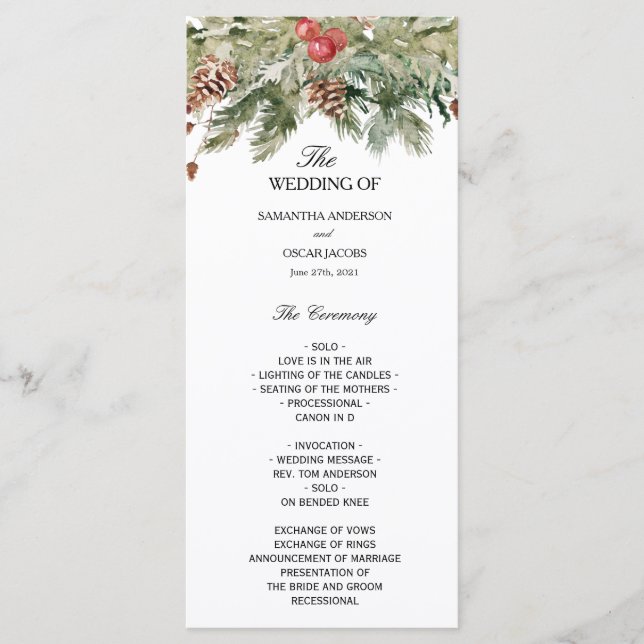 Watercolor Winter Green Pine Tree  & Pine Cone Menu (Front)