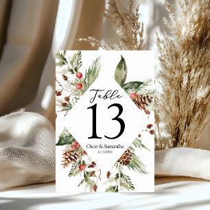 Watercolor Winter Green Pine Tree & Pine Cone Table Number