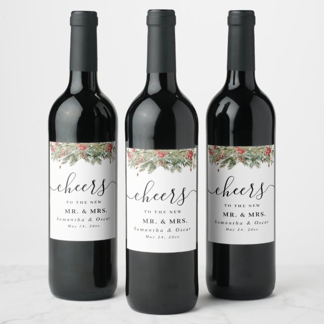 Watercolor Winter Green Pine Tree  & Pine Cone Wine Label (Bottles)