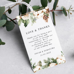 Watercolor Winter Green Pine Tree & White Flowers Gift Tags