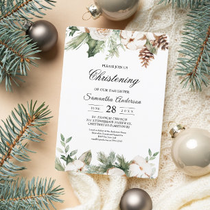 Watercolor Winter Green Pine Tree & White Flowers Invitation