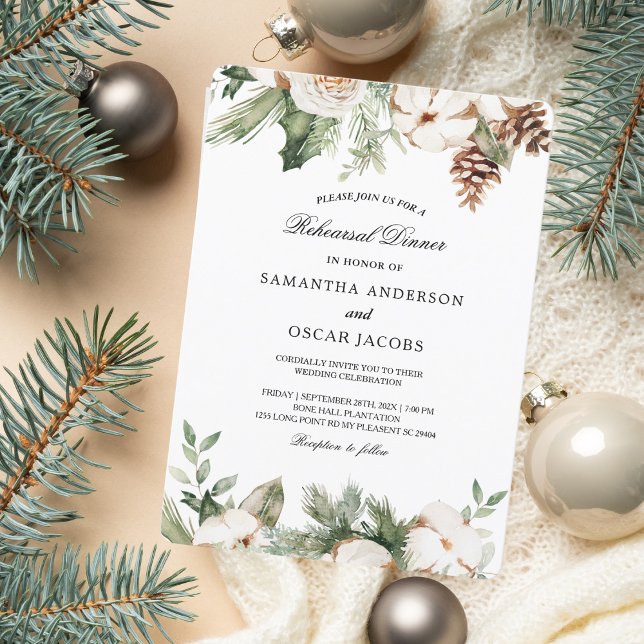 Watercolor Winter Green Pine Tree & White Flowers Invitation (Creator Uploaded)