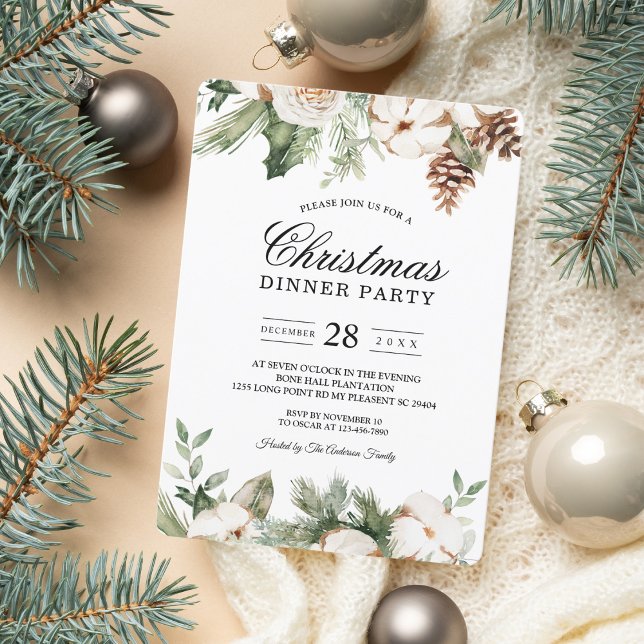 Watercolor Winter Green Pine Tree & White Flowers Invitation (Creator Uploaded)