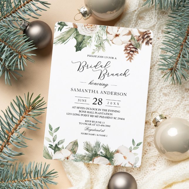 Watercolor Winter Green Pine Tree & White Flowers Invitation (Creator Uploaded)