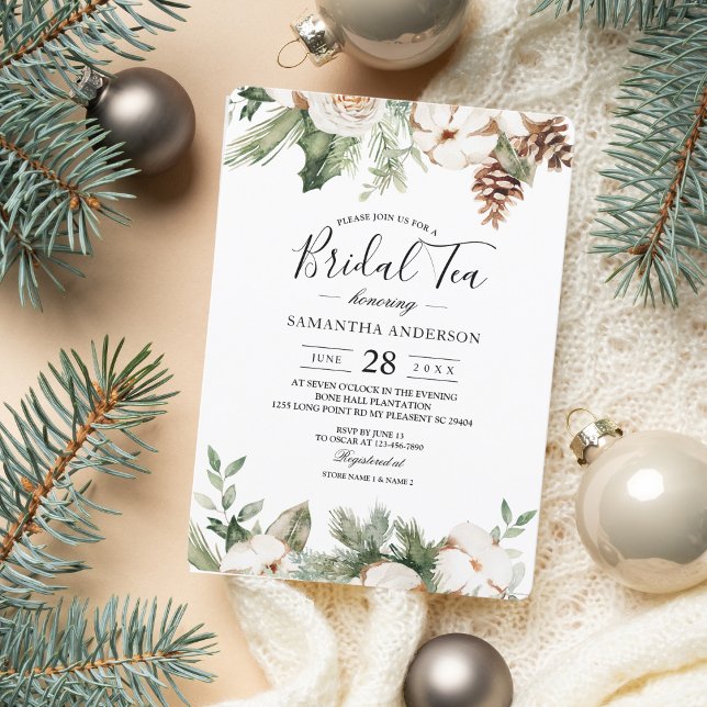 Watercolor Winter Green Pine Tree & White Flowers Invitation (Creator Uploaded)