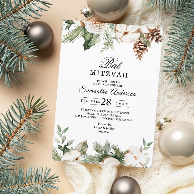 Watercolor Winter Green Pine Tree & White Flowers Invitation (Creator Uploaded)