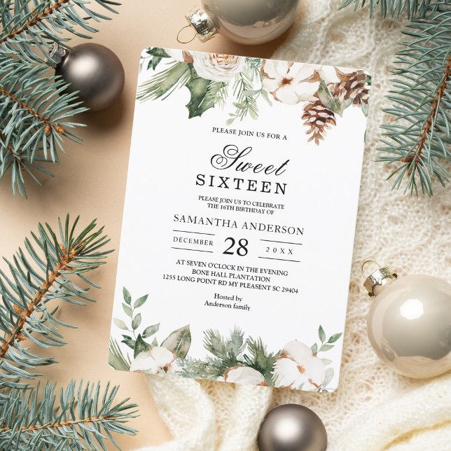 Watercolor Winter Green Pine Tree & White Flowers Invitation (Creator Uploaded)