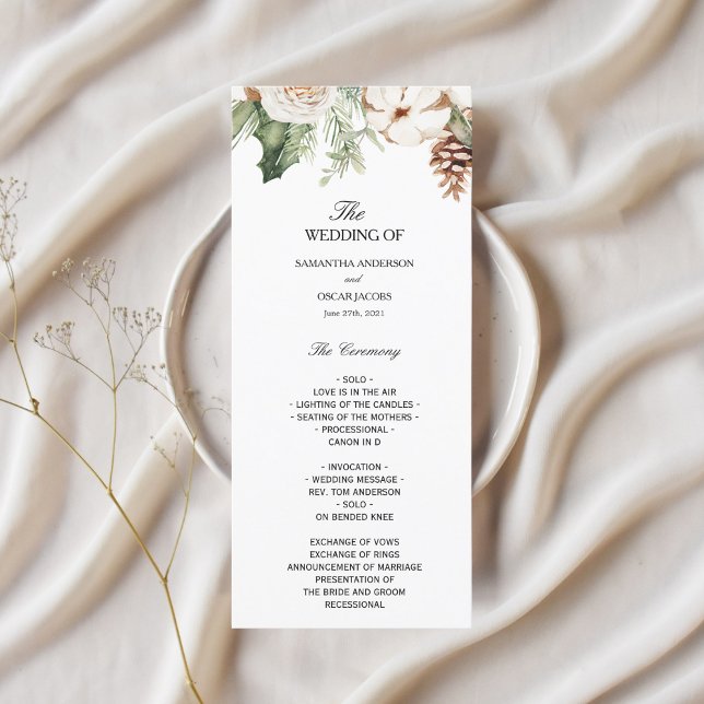 Watercolor Winter Green Pine Tree & White Flowers Menu (Creator Uploaded)