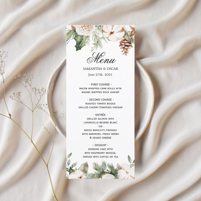 Watercolor Winter Green Pine Tree & White Flowers Menu (Creator Uploaded)