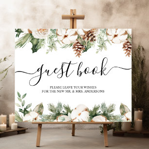 Watercolor Winter Green Pine Tree & White Flowers Poster