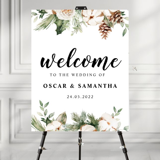 Watercolor Winter Green Pine Tree & White Flowers Poster (Creator Uploaded)