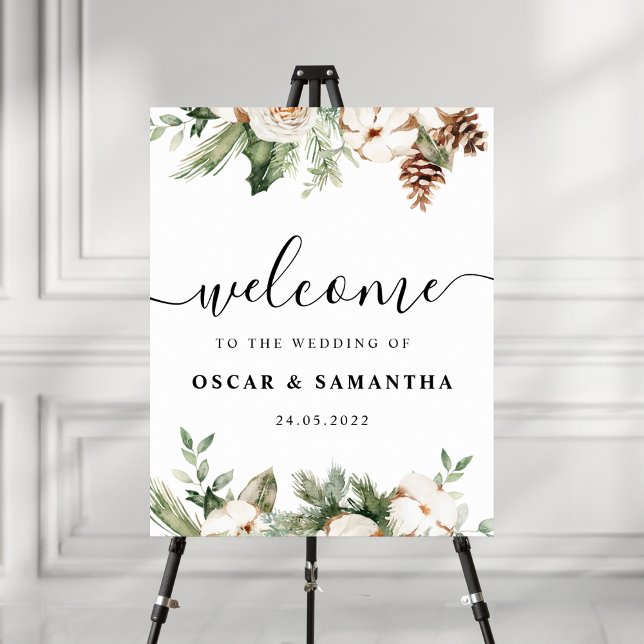 Watercolor Winter Green Pine Tree & White Flowers Poster (Creator Uploaded)