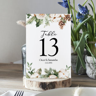 Watercolor Winter Green Pine Tree & White Flowers Table Number