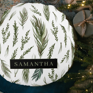 Watercolor Winter Green Seamless Pattern  Round Cushion