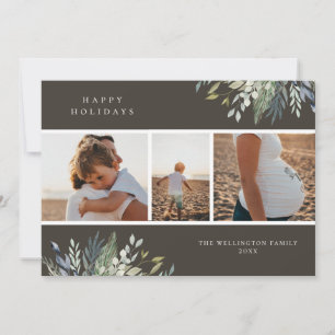 Watercolor Winter Greenery Holiday Photo Collage Card