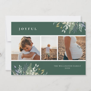 Watercolor Winter Greenery Holiday Photo Collage Card