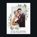 Watercolor Winter Greenery Love Thanks Gold Postcard<br><div class="desc">Elegant Watercolor Winter Greenery Wedding Photo Thank You Postcard includes eucalyptus leaves and red holly berries. Gold Frame.</div>