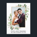 Watercolor Winter Greenery Love Thanks Gold Postcard<br><div class="desc">Elegant Watercolor Winter Greenery Wedding Photo Thank You Postcard includes eucalyptus leaves and red holly berries. Gold Frame.</div>
