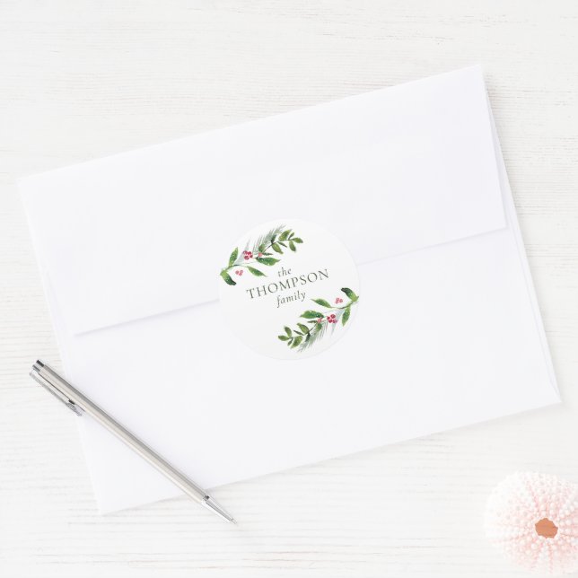 Watercolor Winter Greenery Modern Christmas Classic Round Sticker (Envelope)