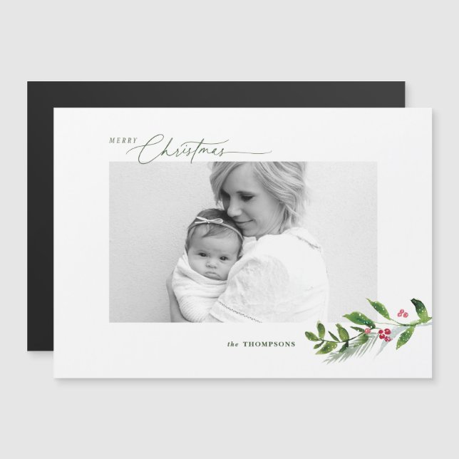 Watercolor Winter Greenery Modern Christmas Photo Magnetic Invitation (Front/Back)