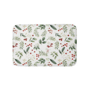 Watercolor Winter Greenery & Red Berry Botanical Bath Mat