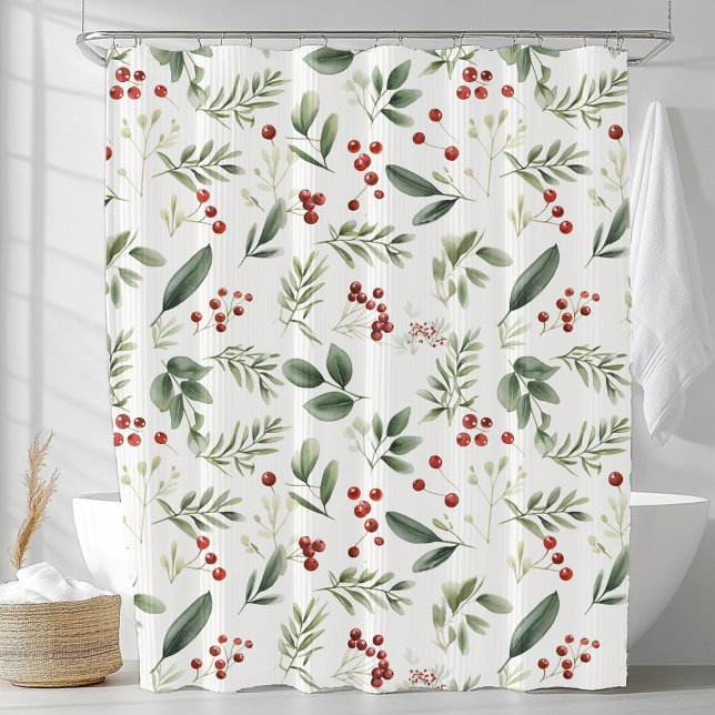 Watercolor Winter Greenery & Red Berry Botanical Shower Curtain (Watercolor Winter Greenery & Red Berry Botanical Shower Curtain)