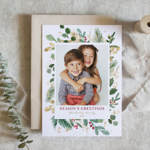 Watercolor Winter Greenery Season's Greetings Holiday Card