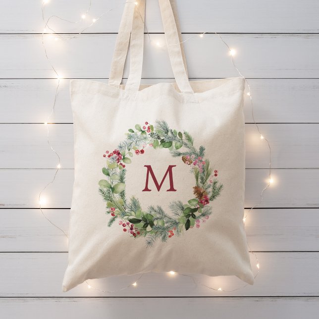 Watercolor Winter Greenery Wreath Monogram Tote Bag (Watercolor Winter Greenery Wreath Monogram Tote Bag)