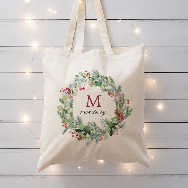Watercolor Winter Greenery Wreath Monogram Tote Bag (Watercolor Winter Greenery Wreath Monogram Tote Bag)