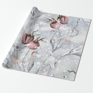 Watercolor Winter Holly Berries and Snow Christmas Wrapping Paper